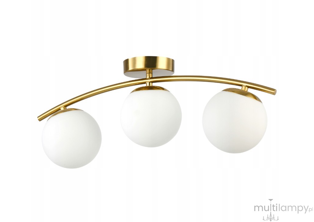 Lampa sufitowa Bali II w kolorze złotym z trzema okrągłymi kloszami z białego szkła. Produkt zamontowany na złotej, łukowatej podstawie, widok frontalny. Klosze w jednolitej formie, zapewniające równomierne oświetlenie.