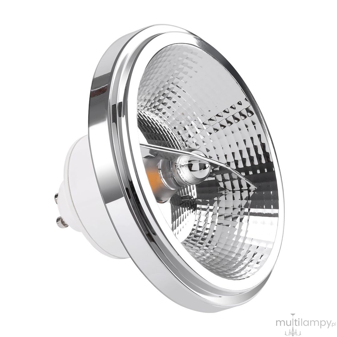 Żarówka LED AR111 GU10 o mocy 10,5W, barwie 4000K, z odbłyśnikiem. Srebrna, okrągła, z wyraźnym, teksturowanym reflektorem. Ujęcie z boku, pokazujące szczegóły mocowania i kształt.