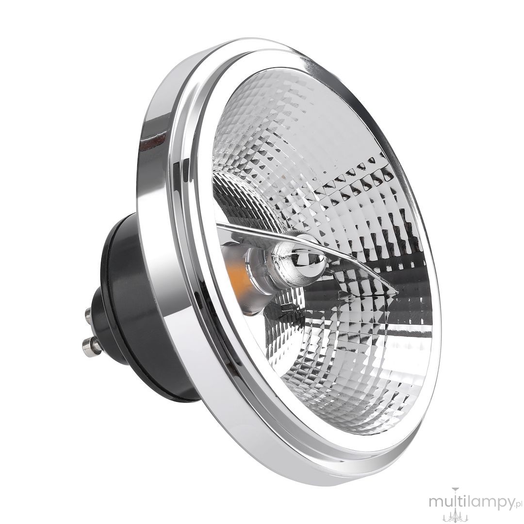 Żarówka LED AR111 z gniazdem GU10, moc 10,5W, barwa światła 4000K. Srebrny odbłyśnik z teksturowaną powierzchnią, czarna podstawa, widok z boku, podkreślający detale konstrukcji. Idealna do oświetlenia punktowego.