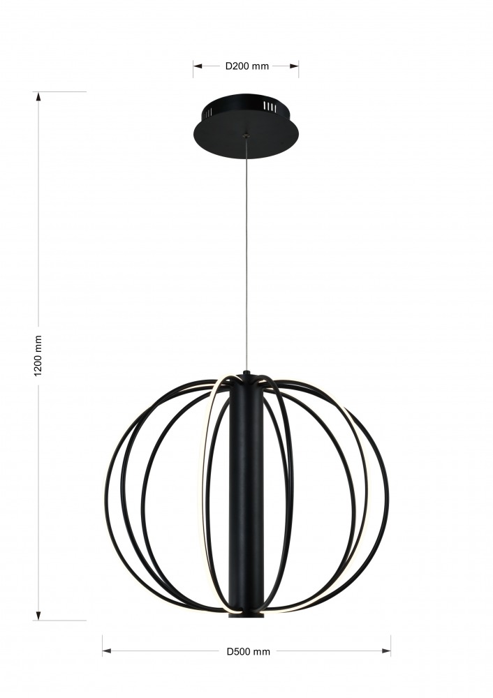 Czarna lampa wisząca Beniali z 1xLED 42W, o średnicy 500 mm i wysokości 1200 mm. Posiada cylindryczny korpus z metalowymi okręgami w kontrastujących kolorach. Montaż sufitowy, zawieszona na cienkim przewodzie, idealna do nowoczesnych wnętrz.