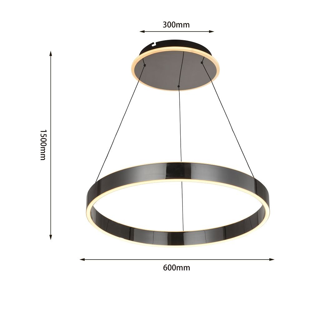 Lampa wisząca Marling 1xLED 50W w kolorze czarnym z chromowanymi detalami. Okrągły kształt z średnicą 600 mm i wysokości 1500 mm. Wisi na cienkich linkach, z okrągłym mocowaniem sufitowym o średnicy 300 mm. Idealna do nowoczesnych wnętrz.