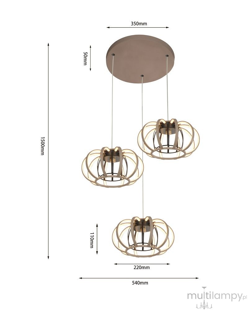 Lampa wisząca Salo z trzema kloszami LED 45W w piaskowym i czarnym kolorze. Umożliwia regulację wysokości. Montaż na suficie, z okrągłą podsufitką o średnicy 350 mm. Wymiary całkowite: 1500 mm wysokości, 540 mm szerokości.