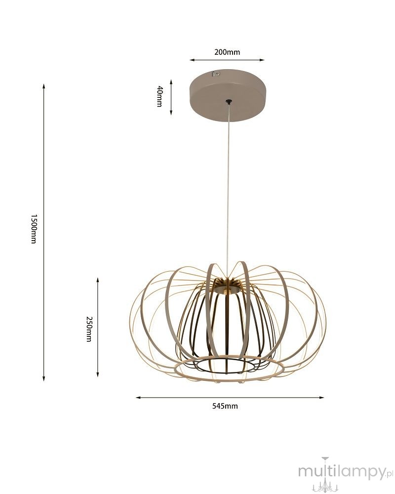 Lampa wisząca Salo 1xLED 55W w kolorze piaskowym i czarnym, o średnicy 545 mm i wysokości 250 mm. Posiada metalową konstrukcję z falistymi elementami. Zawieszona na białym przewodzie, montowana pod sufitem.