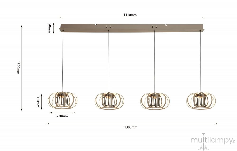 Lampa wisząca Salo 4xLED 55W w kolorze piaskowym i czarnym. Konstrukcja z czterema kloszami w formie metalowych obręczy, zawieszona na prostokątnej podstawie. Wymiary: długość 1300 mm, wysokość 1500 mm, klosze o średnicy 220 mm.