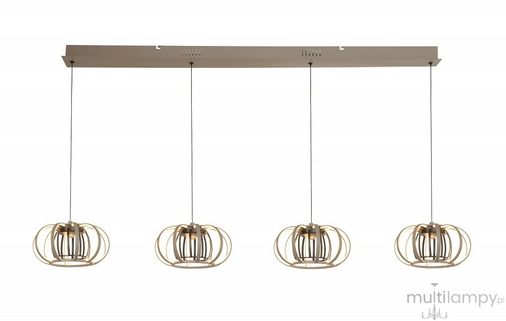 Lampa wisząca Salo z czterema kloszami LED 55W w kolorze piaskowym i czarnym. Klosze w formie okrągłych, metalowych pierścieni zawieszone na cienkich linkach. Montaż na prostokątnej podstawie sufitowej.