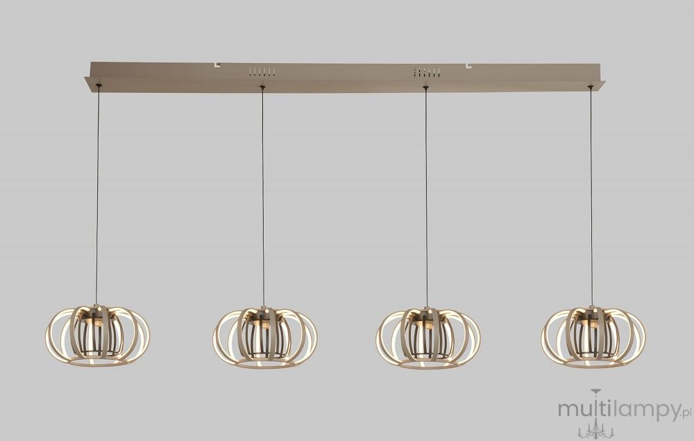 Lampa wisząca Salo 4xLED 55W w kolorze piaskowym i czarnym, z metalowym stelażem i czterema okrągłymi kloszami w kształcie pierścieni. Ujęcie frontalne, z zawieszeniem na cienkich linkach, na jednolitym szarym tle.