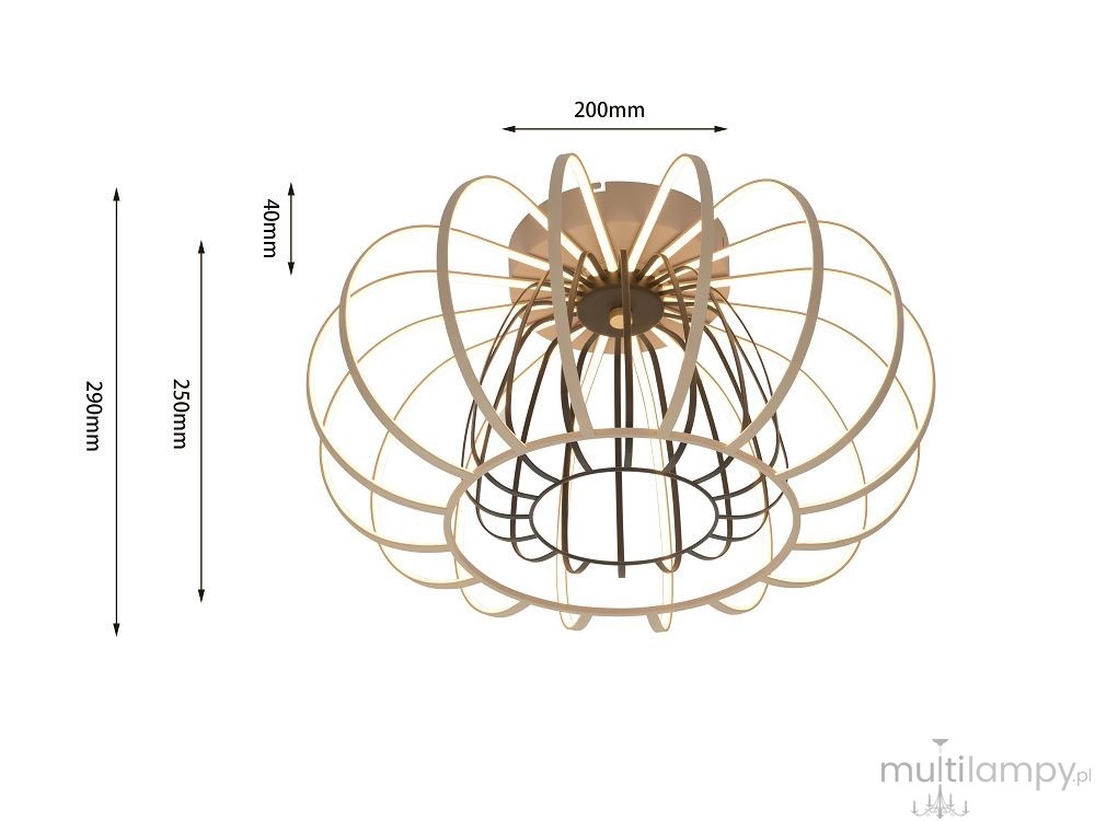Lampa sufitowa Salo 1xLED 55W w kolorze piaskowym i czarnym, o okrągłym kształcie. Widoczna konstrukcja z metalowych prętów w stylu nowoczesnym. Wymiary: średnica 20 cm, wysokość 29 cm, głębokość 25 cm.