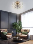 Lampa sufitowa Salo 1xLED 55W w kolorze piaskowym i czarnym, o metalowej konstrukcji w kształcie kwiatowym. Zawieszona na białym suficie, w nowoczesnym wnętrzu z dwiema wygodnymi fotelami i rośliną.