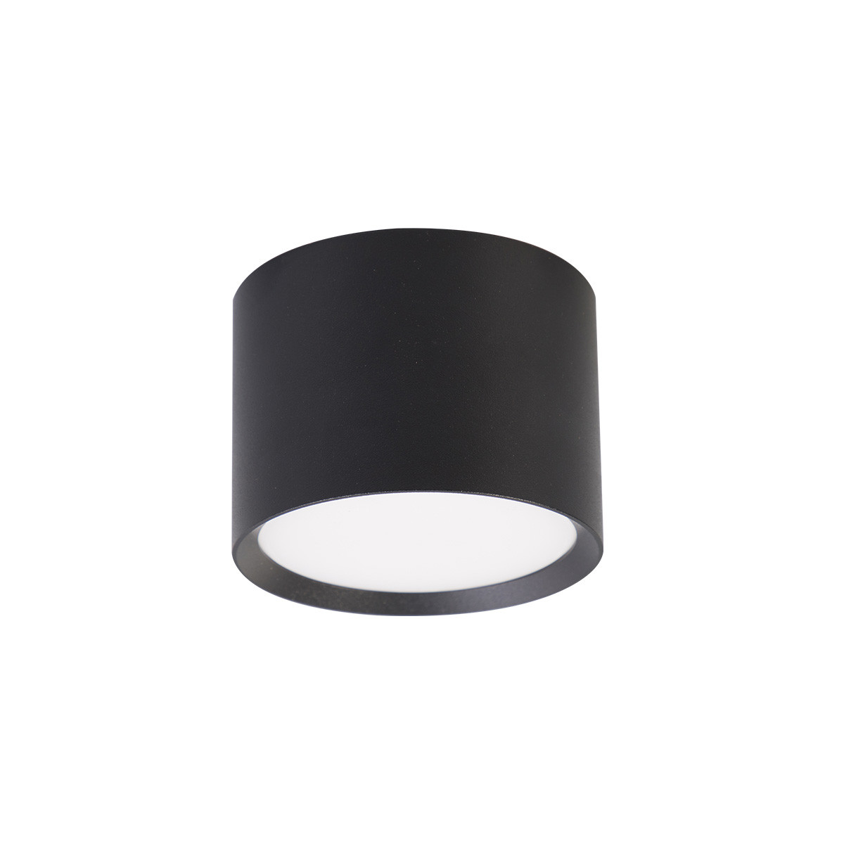 Czarna lampa sufitowa Kendal z oprawą w kształcie cylindrycznym, z jednym gniazdem GX53. Lampa ma matową powierzchnię i okrągły klosz, emitujący światło w dół. Ujęcie frontalne, produkt zawieszony, na białym tle.