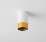 Lampa sufitowa Klemens w kształcie tuby, z białym korpusem i złotym detalem na dole. Zainstalowana na suficie, z miejscem na żarówkę GU10. Proste, nowoczesne wzornictwo, idealna do różnych aranżacji wnętrz.