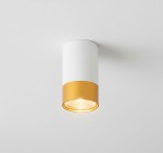 Lampa sufitowa Klemens w kształcie tuby, z białym korpusem i złotym wykończeniem u dołu. Ujęcie z dołu, pokazujące widoczne źródło światła GU10. Produkt zamontowany na białym suficie, w minimalistycznym stylu.