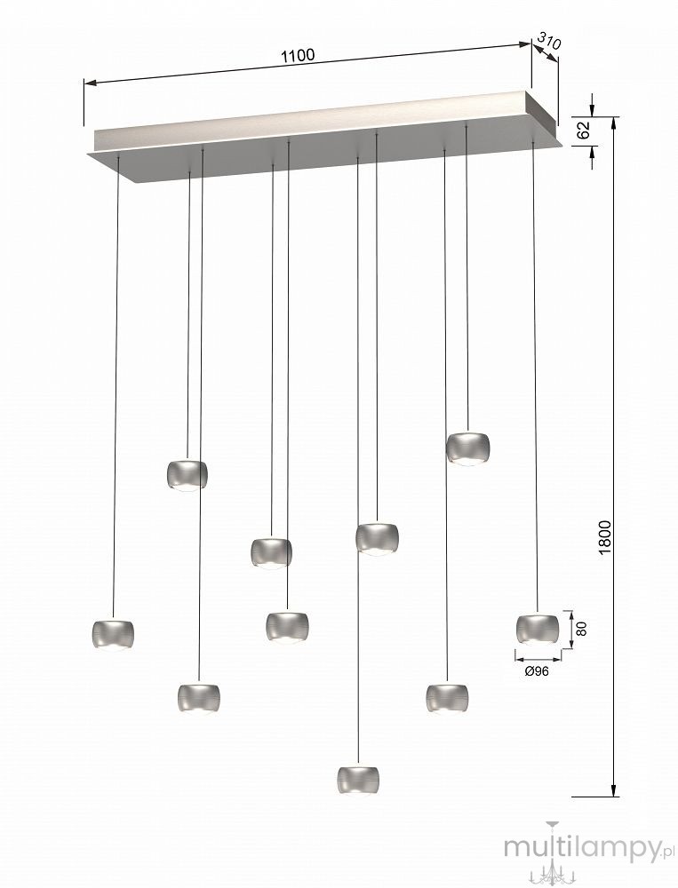 Lampa wisząca Quiberon z 10 źródłami LED o mocy 55W w kolorze niklowym. Posiada prostokątną podstawę i osiem okrągłych kloszy zawieszonych na cienkich linkach. Wymiary: szerokość 110 cm, wysokość 180 cm, średnica kloszy 9,6 cm.