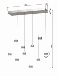 Lampa wisząca Quiberon z 10 źródłami LED o mocy 55W w kolorze niklowym. Posiada prostokątną podstawę i osiem okrągłych kloszy zawieszonych na cienkich linkach. Wymiary: szerokość 110 cm, wysokość 180 cm, średnica kloszy 9,6 cm.