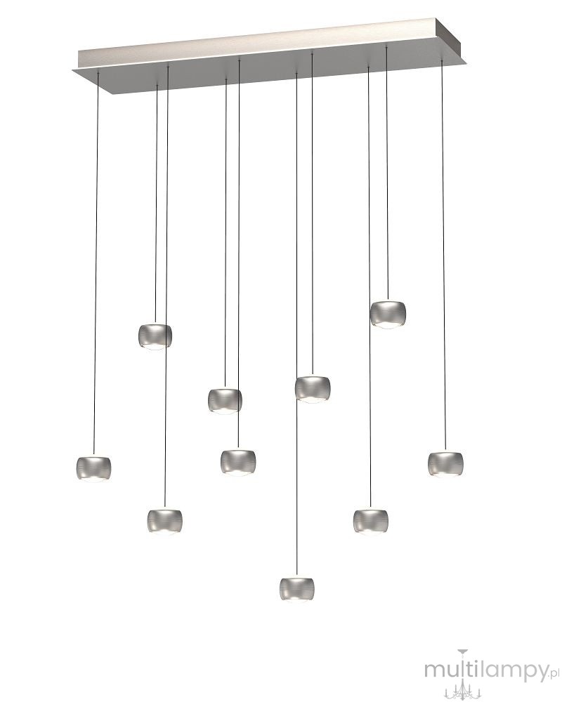 Lampa wisząca Quiberon z 10 kulistymi źródłami LED o mocy 55W, w kolorze niklu. Produkt zawieszony na cienkich linkach, z prostokątnym, metalowym stelażem. Nowoczesny design, idealny do wnętrz.
