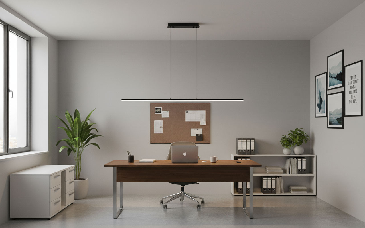 Lampa wisząca Kiki w kolorze czarnym, z jedną diodą LED o mocy 20W. Zawieszona równolegle nad biurkiem w nowoczesnym wnętrzu biurowym, z metalową konstrukcją i minimalistycznym designem. Tło jasnoszare, z oknem i roślinnością.