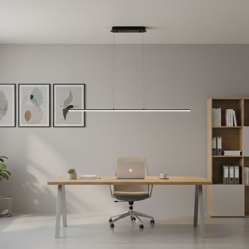 Czarna lampa wisząca Kiki z jedną diodą LED o mocy 20W. Lampa zawieszona na cienkich linkach, umieszczona nad biurkiem w nowoczesnym wnętrzu. Tło w jasnych odcieniach, z dekoracjami ściennymi i meblami w minimalistycznym stylu.