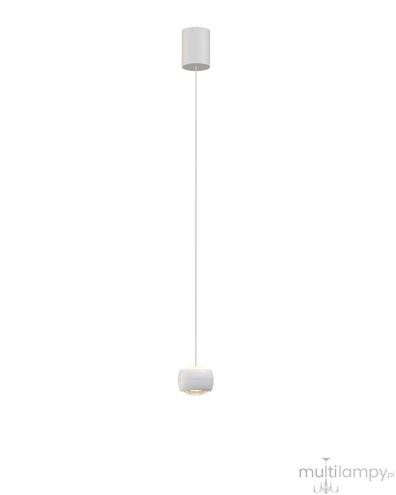 Lampa wisząca Quiberon 1xLED 8W w kolorze białym, z cylindrycznym mocowaniem sufitowym i długim przewodem. Klosz o okrągłym kształcie z przezroczystym dnem, emitujący ciepłe światło, zawieszony w centralnej pozycji.