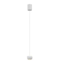 Lampa wisząca Quiberon 1xLED 8W w kolorze białym, z cylindrycznym mocowaniem sufitowym i długim przewodem. Klosz o okrągłym kształcie z przezroczystym dnem, emitujący ciepłe światło, zawieszony w centralnej pozycji.