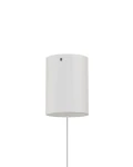 Lampa wisząca Quiberon, biały klosz w kształcie cylindrycznym, z ledowym źródłem światła 8W. Zawieszona na cienkim kablu, minimalistyczny design, idealna do nowoczesnych wnętrz. Widoczne przyłącze z małym otworem na górze.