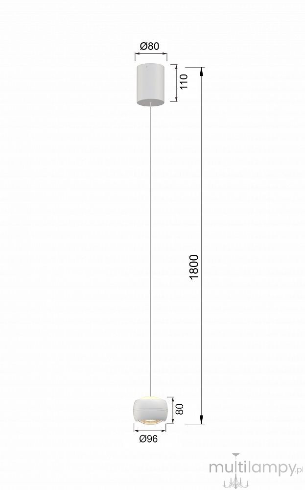 Lampa wisząca Quiberon 1xLED 8W w białym kolorze, z cylindrycznym mocowaniem o średnicy 80 mm i zwisającą częścią o średnicy 96 mm. Wysokość całkowita wynosi 1800 mm, a wysokość mocowania to 110 mm. Prosty design, idealna do nowoczesnych wnętrz.