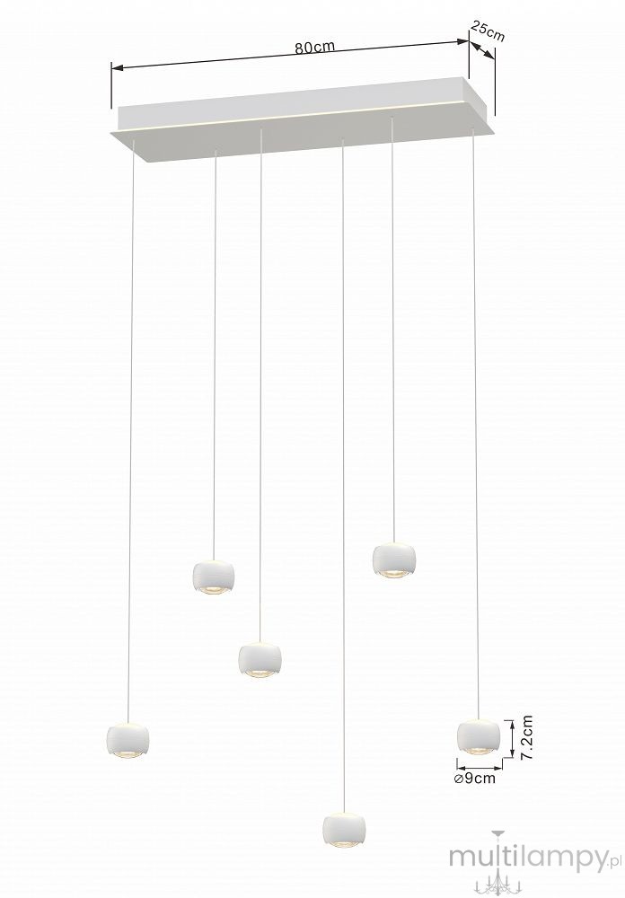 Lampa wisząca Quiberon z 6 źródłami LED, moc 33W, w kolorze białym. Posiada prostokątny, płaski sufitowy uchwyt o wymiarach 80x25 cm. Zawieszone klosze mają średnicę 9 cm i wysokość 7,2 cm, zawieszone na cienkich przewodach.