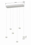 Lampa wisząca Quiberon z 6 źródłami LED, moc 33W, w kolorze białym. Posiada prostokątny, płaski sufitowy uchwyt o wymiarach 80x25 cm. Zawieszone klosze mają średnicę 9 cm i wysokość 7,2 cm, zawieszone na cienkich przewodach.