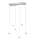 Lampa wisząca Quiberon z sześcioma źródłami światła LED, moc 33W, w białym kolorze. Produkt zawieszony na cienkich linkach, z prostokątnym sufitem w białym odcieniu. Klasyczny design z minimalistycznymi, okrągłymi kloszami.