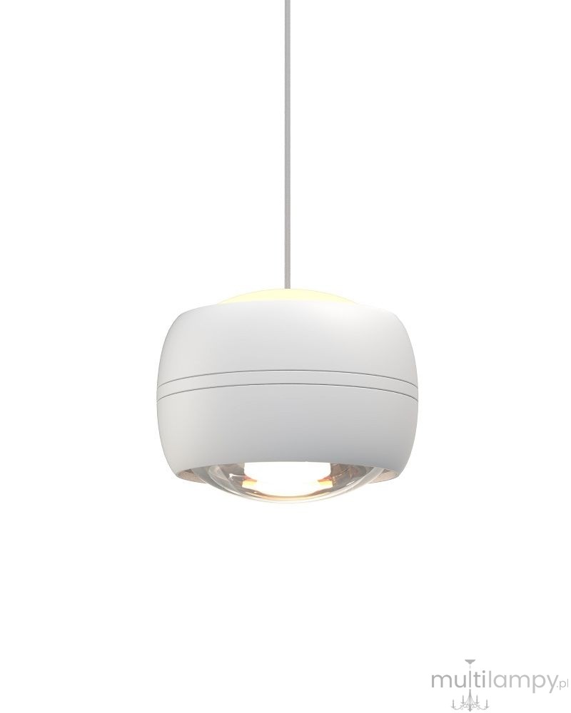 Lampa wisząca Quiberon, biała, z sześcioma diodami LED o mocy 33W. Okrągła, gładka obudowa z przezroczystym kloszem. Zawieszona na cienkim kablu, idealna do nowoczesnych wnętrz.