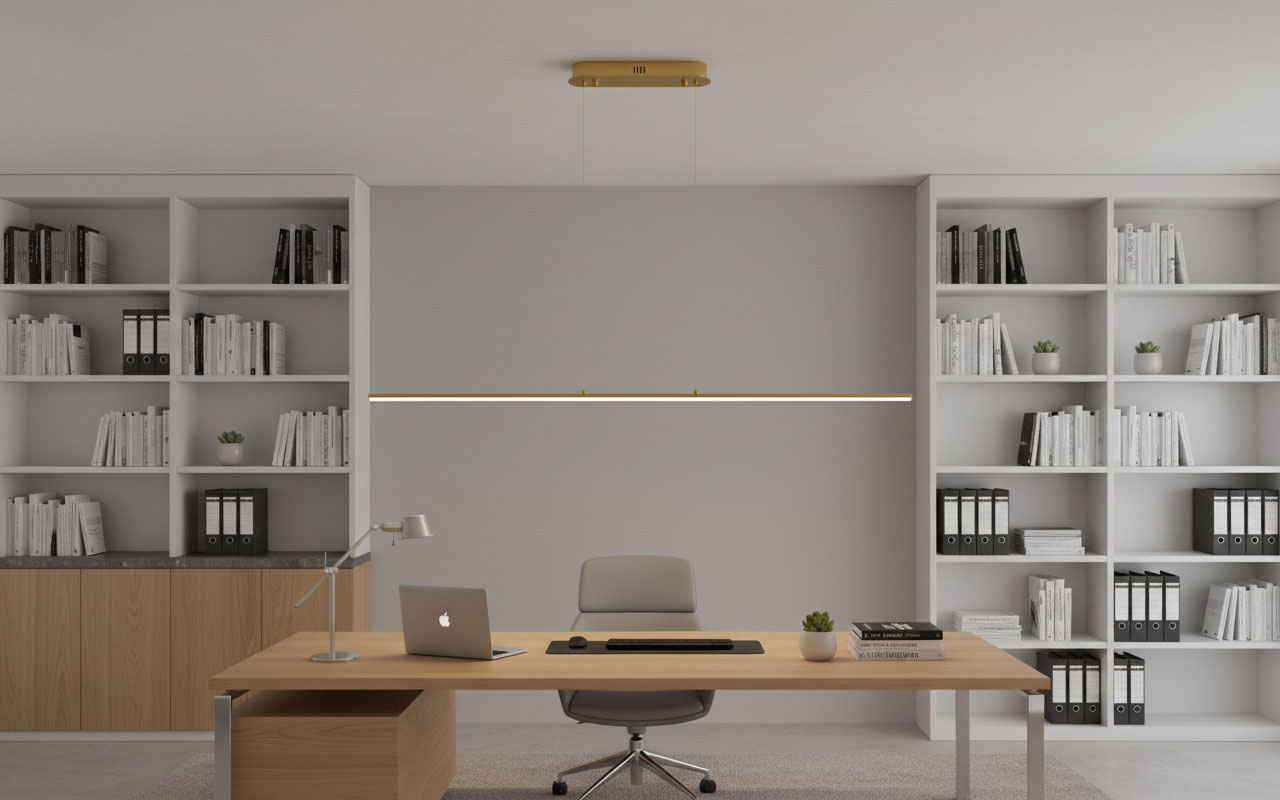 Lampa wisząca Kiki w kolorze złotym, zamontowana na suficie, emitująca światło LED o mocy 20W. Prosty, minimalistyczny design, zawieszona nad biurkiem w nowoczesnym wnętrzu, z widokiem na regał z książkami i akcesoriami biurowymi.