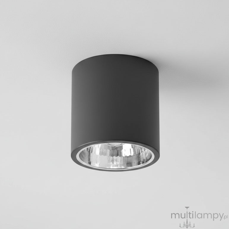 Lampa sufitowa natynkowa Jupiter o cylindrycznym kształcie, w kolorze czarnym. Posiada jedną oprawę E27 oraz szklany klosz, który odbija światło, montowana na suficie. Widok z dołu, ukazujący detale wykończenia i otwarcie na żarówkę.
