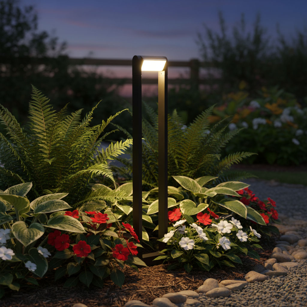 Lampa stojąca ogrodowa Santina LED H80 w kolorze antracytowym, w kształcie słupka, z oświetleniem na górze, umieszczona wśród zielonych roślin i kwiatów. Tło tworzy wieczorny krajobraz z delikatnym oświetleniem.