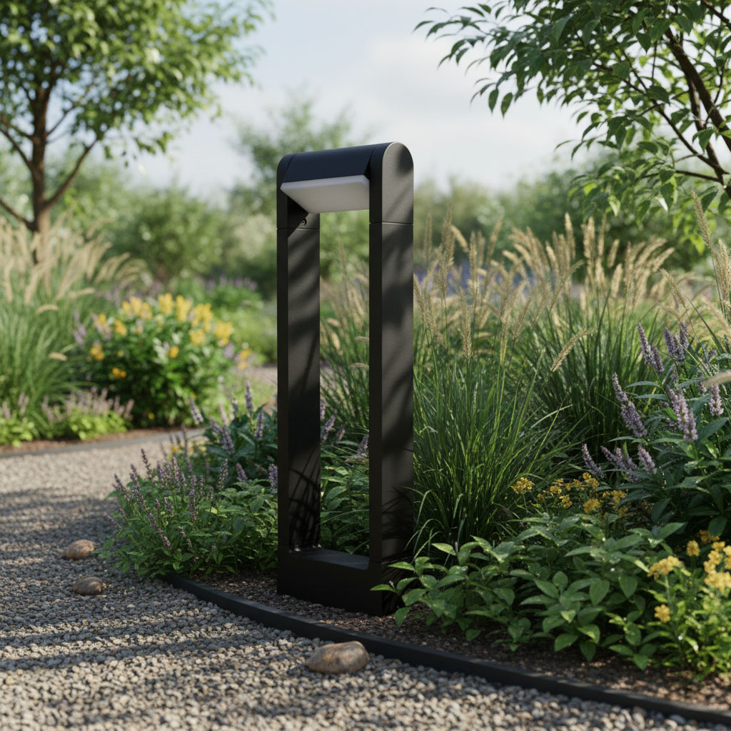 Lampa stojąca Santina LED H50 w kolorze antracytowym, o prostokątnym kształcie, umieszczona w ogrodzie. Otoczona zielenią, z widoczną strukturą metalową i białym kloszem na górze. Idealna do oświetlenia ścieżek w przestrzeni zewnętrznej.