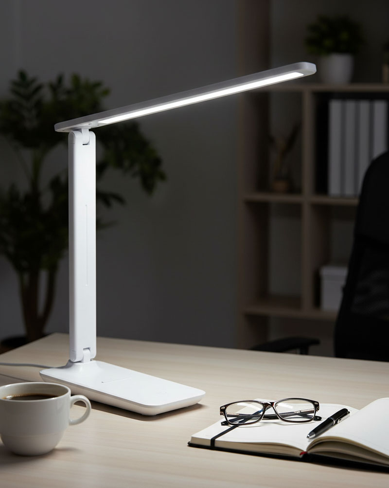 Kivo LED lampka biurkowa 5W/CCT w kolorze białym, z regulowanym ramieniem, ustawiona na biurku. W tle widać rośliny i półki. Obok lampki filiżanka kawy, okulary oraz notes z długopisem.