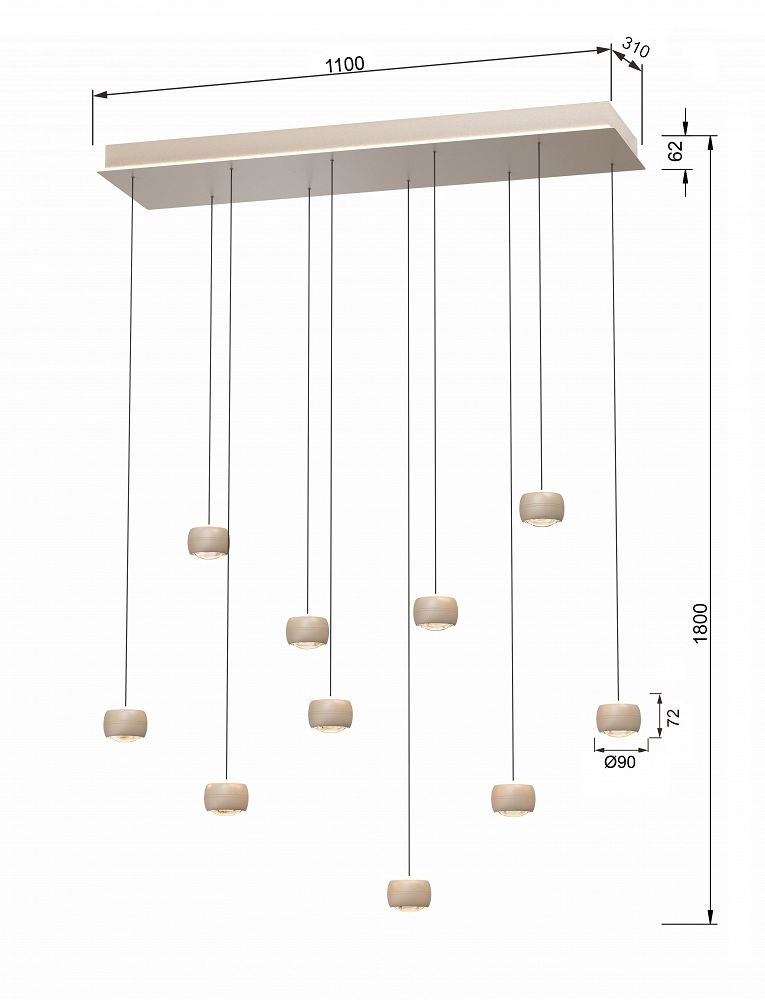 Lampa wisząca Quiberon z 10 źródłami LED, kolor piaskowy. Posiada prostokątną podstawę o wymiarach 1100x310 mm, z której zwisają okrągłe klosze o średnicy 90 mm, zawieszone na cienkich linkach. Wysokość całkowita 1800 mm.