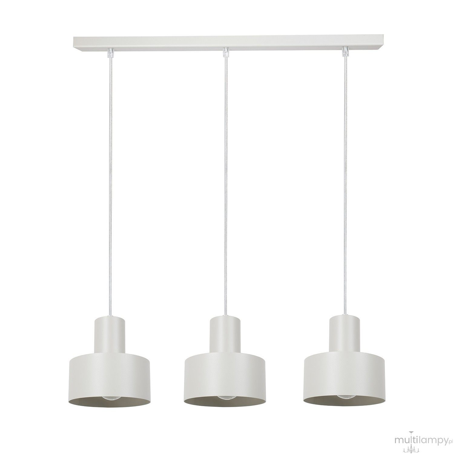 Lampa wisząca Rif w kolorze szarym-beżowym, z trzema oprawami na żarówki E27. Ujęcie frontalne, zawieszona na prostokątnej, białej podstawie z cienkimi, przezroczystymi przewodami. Prosty, nowoczesny design.