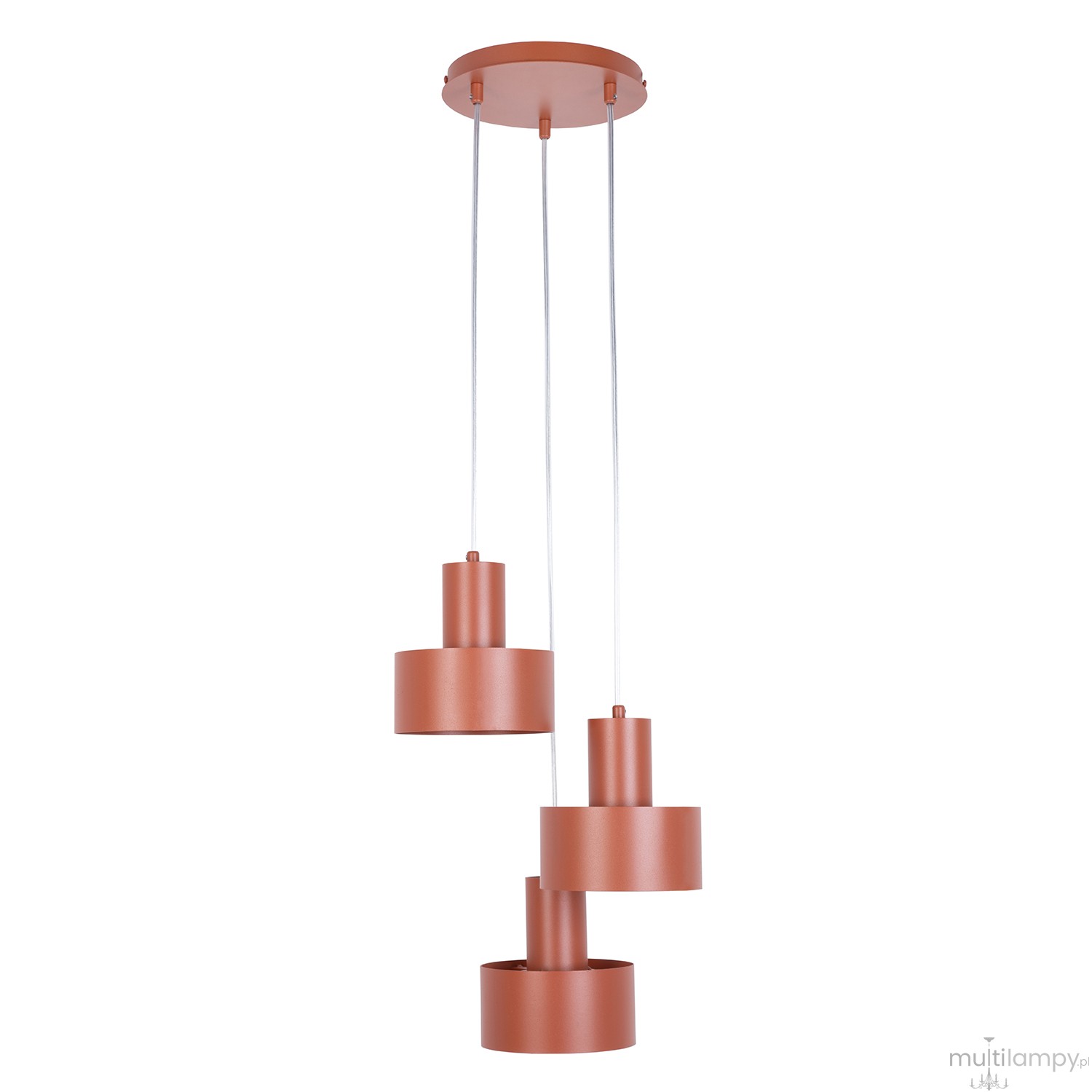 Lampa wisząca Rif w kolorze ceglanym, z trzema cylindrycznymi kloszami w różnych wysokościach, zamontowana na okrągłej podstawie. Klosze mają matowe wykończenie, a całość zawieszona jest na białych linkach.