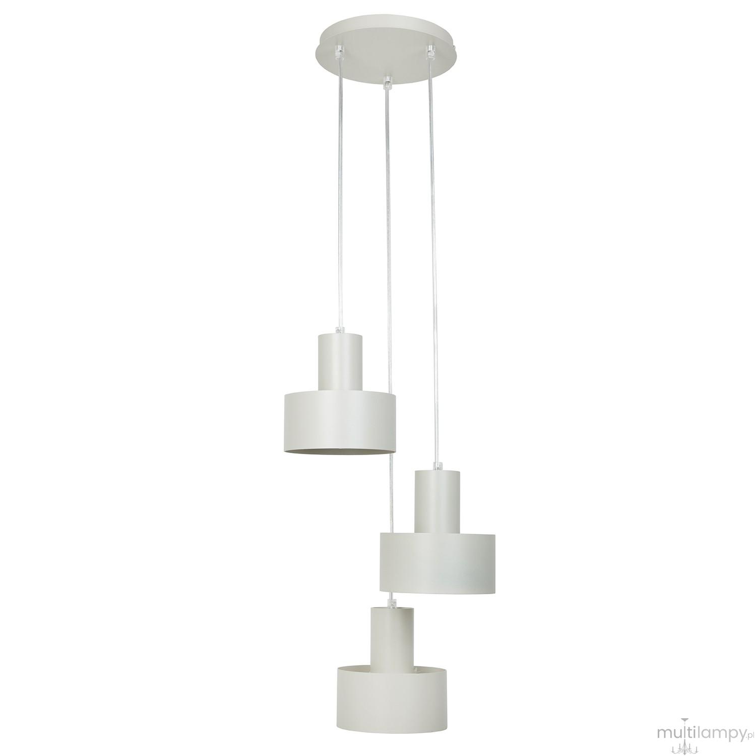 Lampa wisząca Rif 3xE27 w odcieniu szaro-beżowym, składająca się z trzech okrągłych kloszy o różnych średnicach, zawieszona na przezroczystych linkach. Montowana na okrągłej podsufitce.