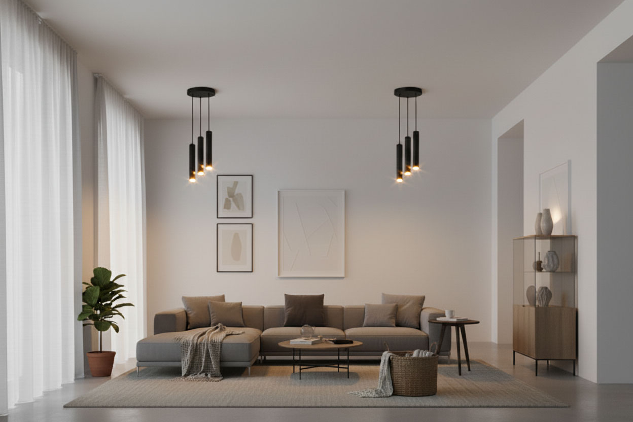 Okrągła lampa wisząca Keon w kolorze czarnym z trzema oprawkami GU10. Zawieszona na trzech cienkich linkach, umieszczona w nowoczesnym wnętrzu z kanapą, stolikiem i rośliną w doniczce. Ujęcie z boku, ukazujące eleganckie oświetlenie w aranżacji salonu.