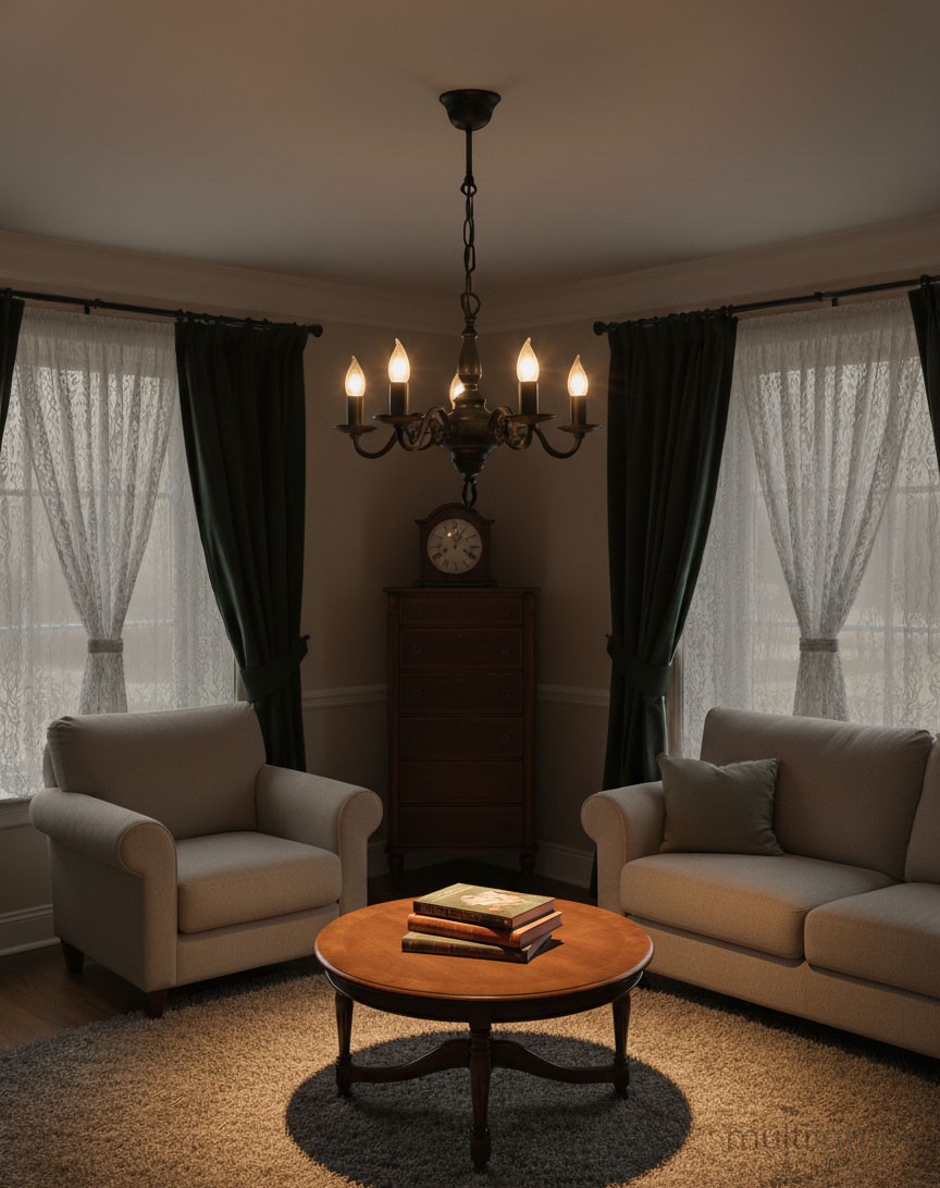 Cereus żyrandol świecznikowy w kolorze czarnym, zawieszony na łańcuchu, z pięcioma miejscami na żarówki E14. Widoczny w eleganckim wnętrzu z jasnymi zasłonami, obok wygodnych sof i okrągłego stolika.