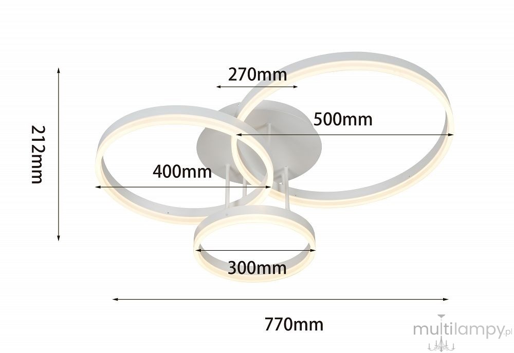Lampa sufitowa Ravello 3xLED 48W w kolorze białym, z trzema okrągłymi kloszami o średnicach 300mm, 400mm i 500mm, zamocowana na okrągłej podstawie. Wymiary całkowite: 770mm szerokości, 212mm wysokości.