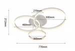 Lampa sufitowa Ravello 3xLED 48W w kolorze białym, z trzema okrągłymi kloszami o średnicach 300mm, 400mm i 500mm, zamocowana na okrągłej podstawie. Wymiary całkowite: 770mm szerokości, 212mm wysokości.