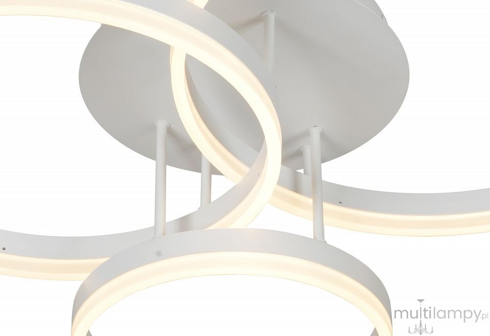 Lampa sufitowa Ravello w kolorze białym, z trzema okrągłymi elementami LED. Kształt składa się z połączonych pierścieni, które emitują ciepłe światło. Widok z góry, ukazujący szczegóły konstrukcji i montażu.