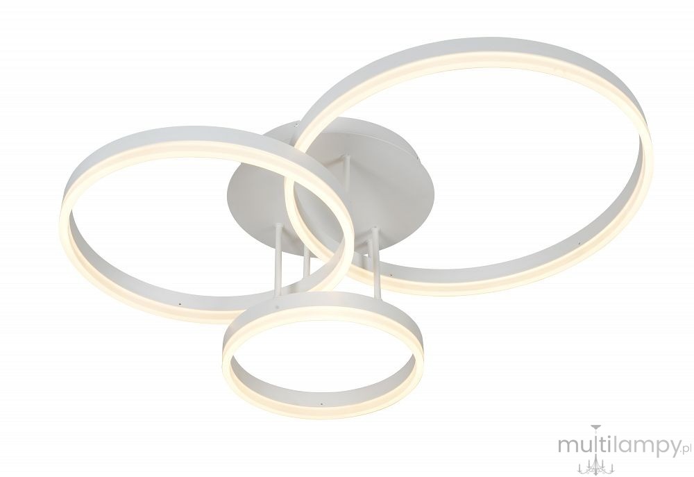 Lampa sufitowa Ravello z trzema okrągłymi pierścieniami LED w białym kolorze. Elementy są umieszczone na okrągłej podstawie. Światło emitowane jest w ciepłej barwie, a całość ma nowoczesny design.