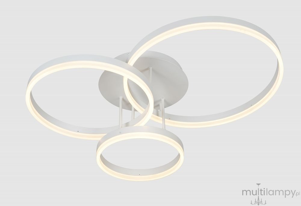 Lampa sufitowa Ravello 3xLED 48W w kolorze białym, składająca się z trzech okrągłych elementów o różnej średnicy, zawieszonych na centralnej podstawie. Oświetlenie LED o ciepłej barwie, minimalistyczny design.