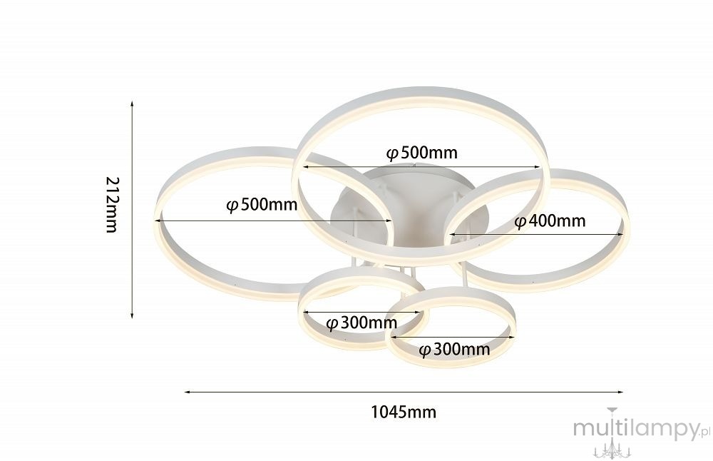 Lampa sufitowa Ravello 5xLED 70W w kolorze białym. Składa się z pięciu okrągłych pierścieni o średnicach 500 mm, 500 mm, 400 mm i 300 mm. Wymiary: wysokość 212 mm, szerokość 1045 mm. Ujęcie z góry, ukazujące szczegóły konstrukcji.