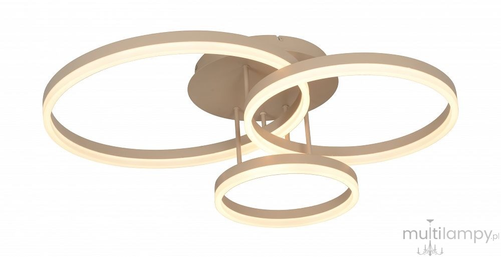 Lampa sufitowa Ravello 3xLED 48W w kolorze piaskowym, z trzema okrągłymi pierścieniami LED o różnej wielkości, zamontowana na okrągłej podstawie. Ujęcie z boku, ukazujące stylowy, nowoczesny design.