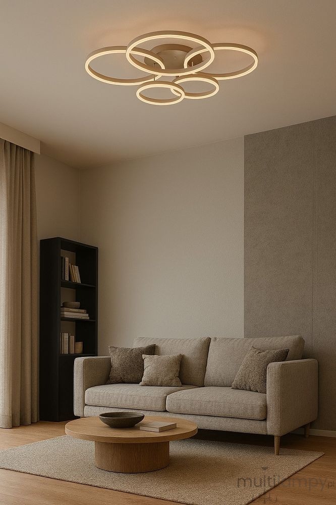 Lampa sufitowa Ravello 5xLED 70W w kolorze piaskowym, złożona z trzech okręgów o różnych średnicach, zamontowana na suficie. Tło jasne, w otoczeniu minimalistycznego wnętrza z beżową sofą i drewnianym stolikiem.