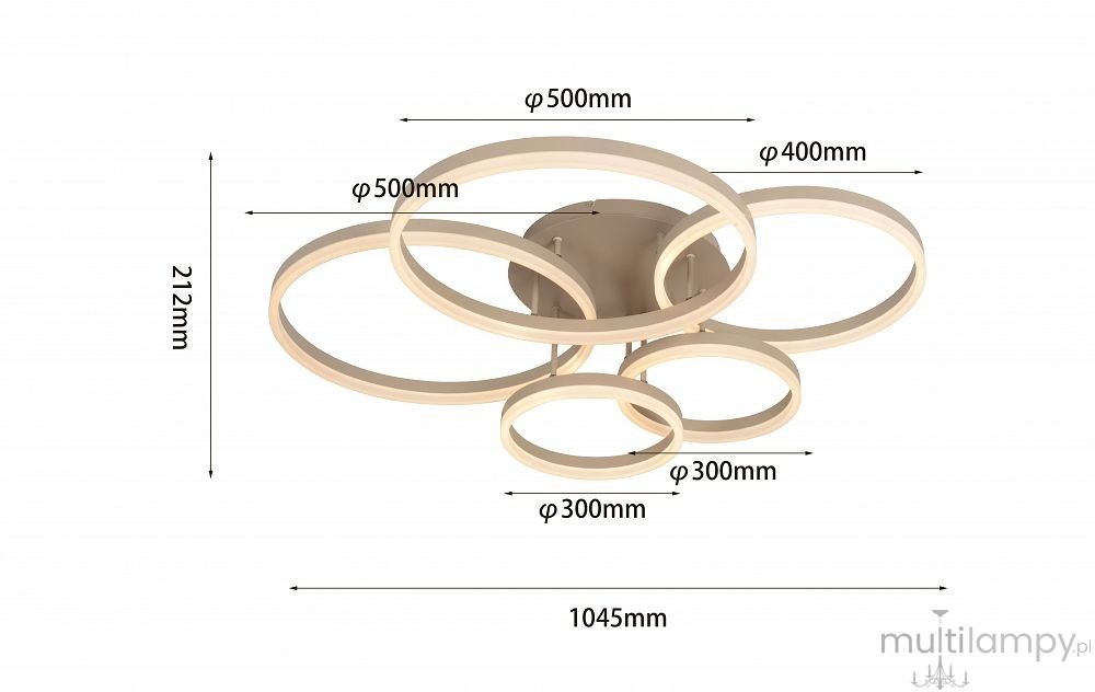 Lampa sufitowa Ravello z pięcioma pierścieniami LED w kolorze piaskowym. Średnice pierścieni: 500 mm, 400 mm i dwa po 300 mm. Wysokość 212 mm, szerokość 1045 mm. Nowoczesny design, idealna do różnych wnętrz.