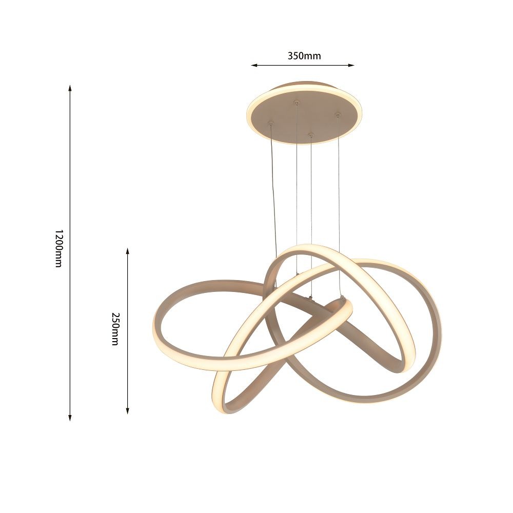 Lampa wisząca Bandol z jednym źródłem LED 56W w kolorze piaskowym. Produkt ma nowoczesny kształt z trzema połączonymi pierścieniami. Wymiary: średnica 350 mm, wysokość 1200 mm, długość zwisu 250 mm. Montowana na okrągłym stelażu sufitowym.