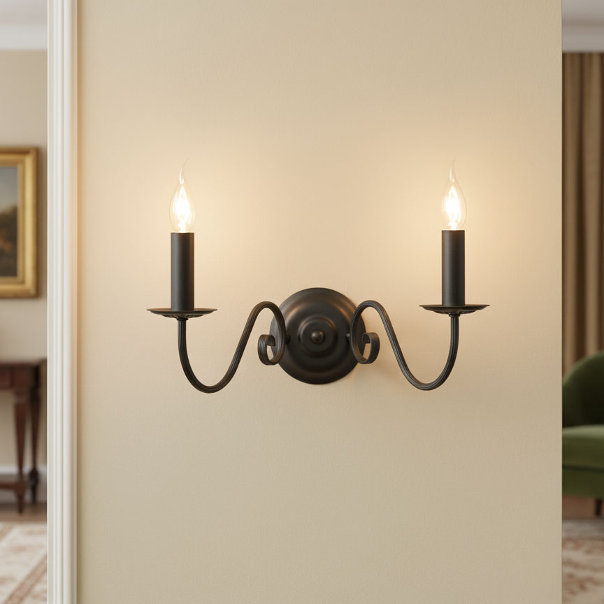 Czarny kinkiet 2-punktowy Asti O2891 K2 CZA z dwoma świecznikami, umieszczony na ścianie. Posiada ozdobne ramiona i okrągłą podstawę. W tle widoczna jasna ściana i fragment wnętrza.